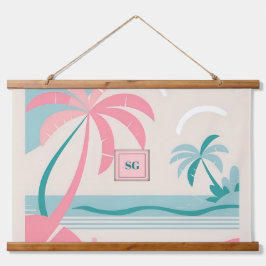 Tropischer Strand rosa aquamarine Palmen Wandteppich Mit Holzrahmen