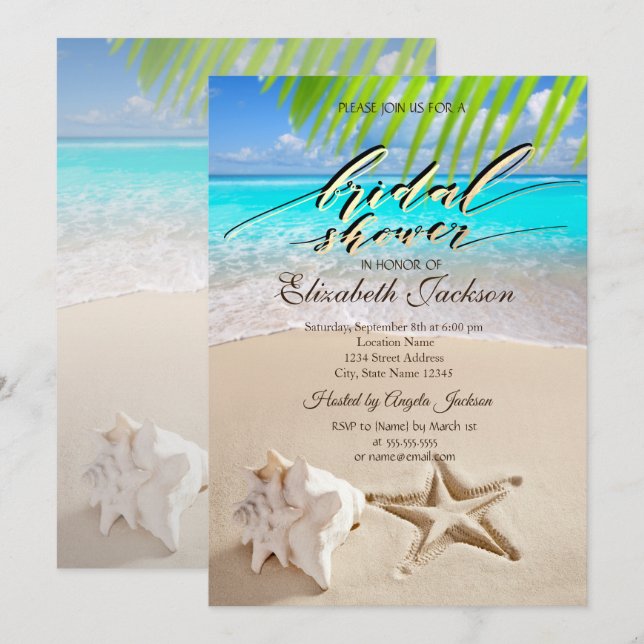 Tropischer Strand, Seastar, Seashell-Brautparty Einladung (Vorne/Hinten)