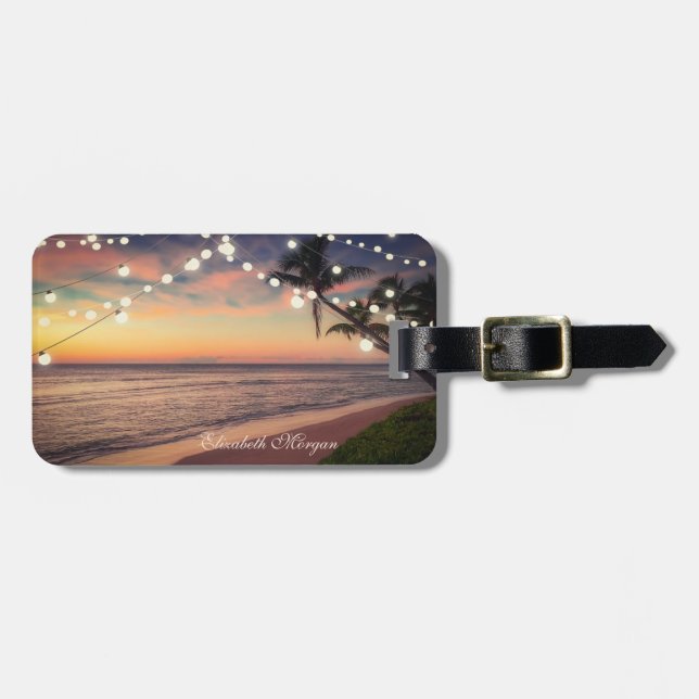 Tropischer Strand, Sonnenuntergang, Palm, Strandla Gepäckanhänger (Vorderseite horizontal)
