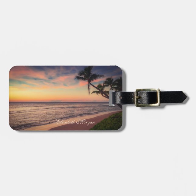 Tropischer Strand, Sonnenuntergang, Palme Gepäckanhänger (Vorderseite horizontal)