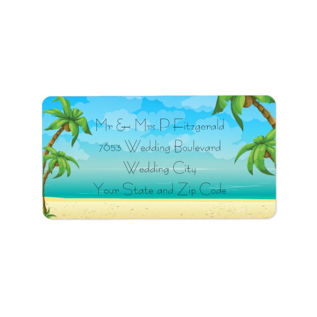 Tropischer Strand und Palmen Hochzeiten Adressaufkleber (Vorne)