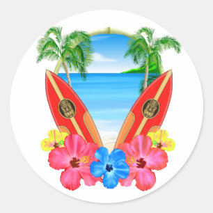 Tropischer Strand und Surfbretter Runder Aufkleber