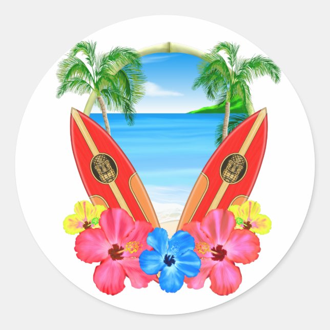 Tropischer Strand und Surfbretter Runder Aufkleber (Vorderseite)