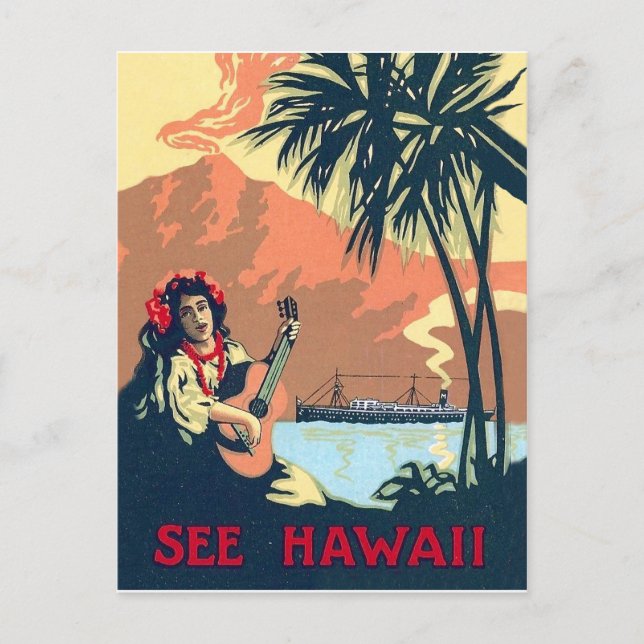 Tropischer Strand von Hawaii, Gitarre spielende Fr Postkarte (Vorderseite)