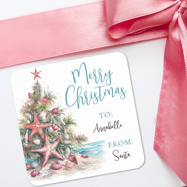 Tropischer Strand-Weihnachts-Geschenkanhänger-Aufk Quadratischer Aufkleber (Tropical Beach Christmas Gift Tag Sticker)