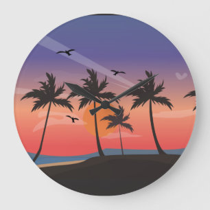 TROPISCHER STRANDPALM BÄUME KUNSTWANDZEILE GROßE WANDUHR