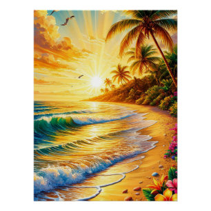 Tropischer Strandsonnenuntergang mit Palmen Poster