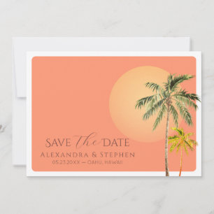 Tropischer Strandsonnenuntergang und Palmen Minima Save The Date