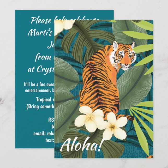 Tropischer Tiger Hawaiian Palm Dschungel Aquamarin Einladung (Vorne/Hinten)