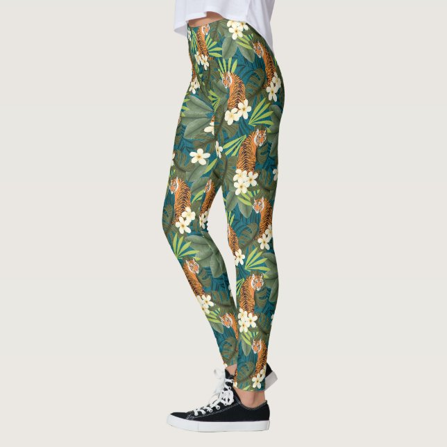 Tropischer Tiger Hawaiian Palm Dschungel Aquamarin Leggings (Links)