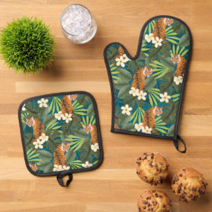 Tropischer Tiger Hawaiian Palm Dschungel Aquamarin Ofenhandschuh & Topflappen-Set