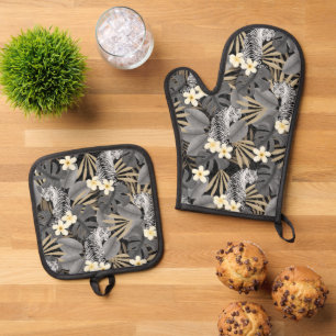 Tropischer Tiger Hawaiianische Palmen-Jungle Grau Ofenhandschuh & Topflappen-Set