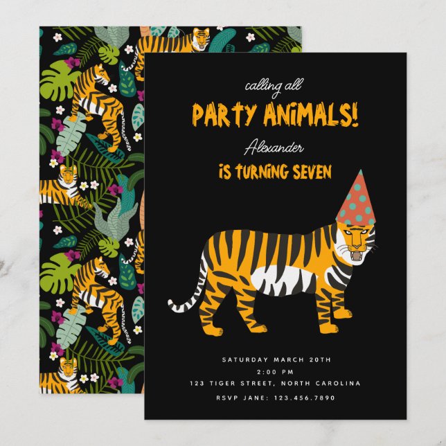 Tropischer Tiger Jungle Kinder Party Tiere Geburts Einladung (Vorne/Hinten)