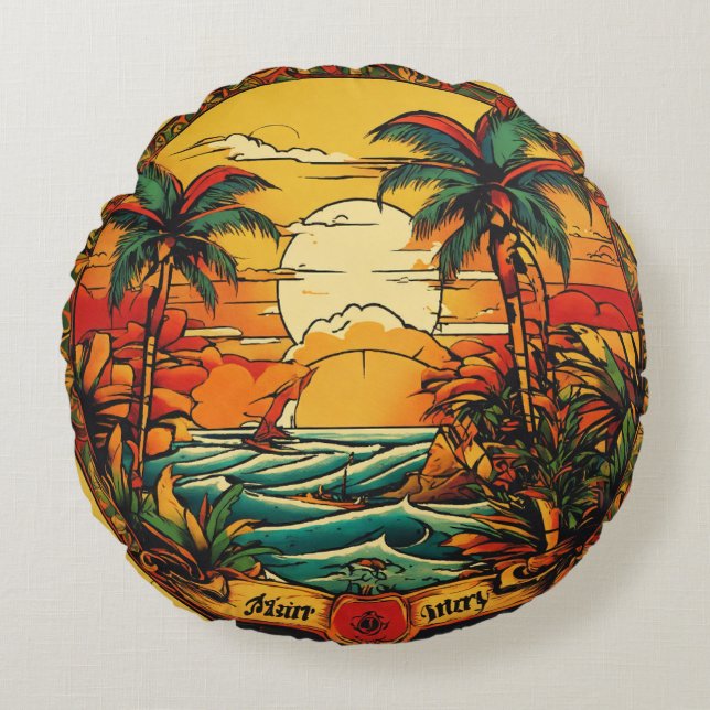 Tropischer Tintenkomfort: Sailor Jerry-Inspiriert  Rundes Kissen (Vorderseite)