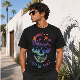 Tropischer Totenkopf Wasserfarbe Palmen Strand Vib T-Shirt
