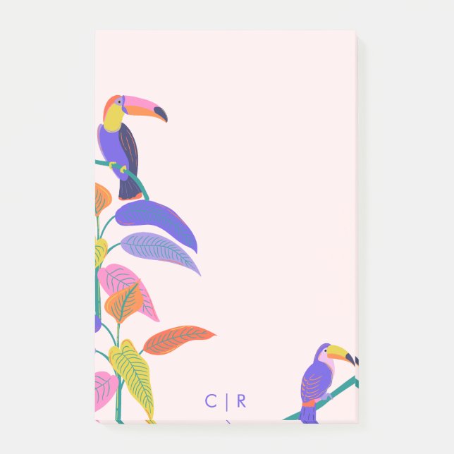 Tropischer Toucan Bright Neon Monogram Blush Pink Post-it Klebezettel (Vorderseite)