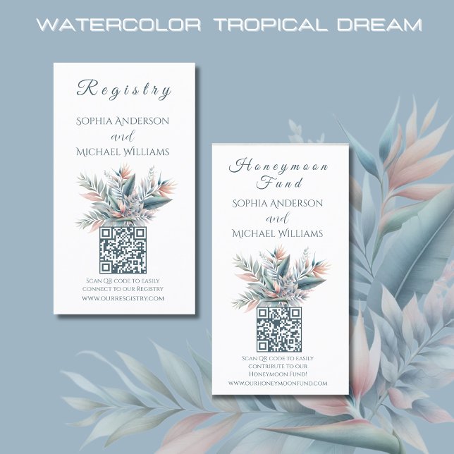 Tropischer Traum von Aquarellen - Registry-Honeymo Visitenkarte (Watercolor Tropical Dream Wedding Registry and Honeymoon Card-QR code-Coastal-Pastel Colors)