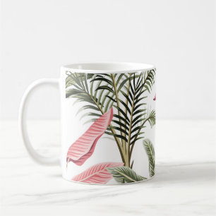 Tropischer vintage rosa Flamingo, Bananenbäume un Kaffeetasse
