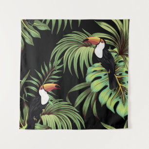 Tropischer Vintage-Tukan, nahtlose Floralmuster-Pa Wandteppich