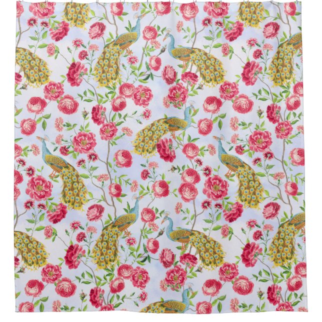 Tropischer Vintager Pfauengarten Rokoko Chinoiseri Duschvorhang (Vorderseite)