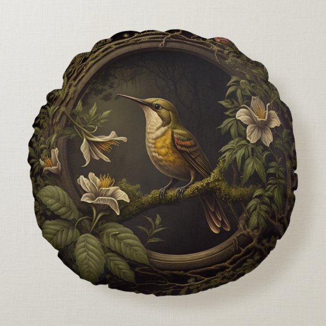 Tropischer Vintager Vogel und Kissenpilz Rundes Kissen (Vorderseite)