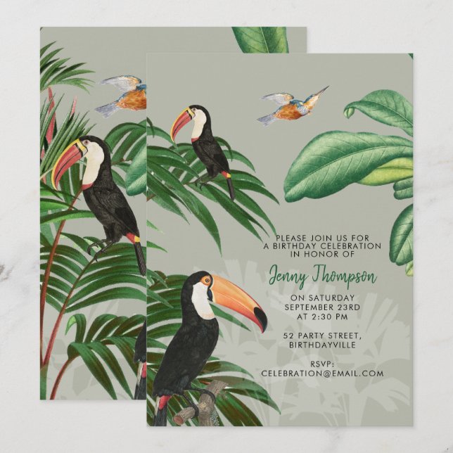 Tropischer Wald & Toucan Birds Geburtstag Einladung (Vorne/Hinten)