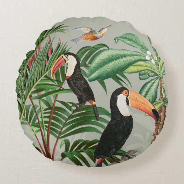 Tropischer Wald & Toucan Birds Rundes Kissen (Vorderseite)