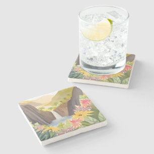 Tropischer Wasserfall   Florale Wasserfarbenlandsc Steinuntersetzer