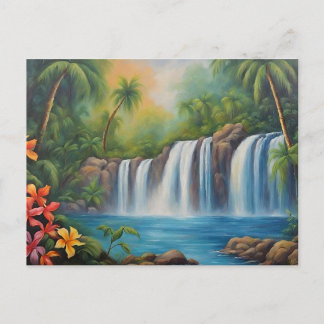 Tropischer Wasserfall mit Blumen  Postkarte (Vorderseite)