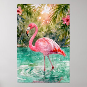 Tropischer Wasserfarben-Pink-Flamingo-Blumenparadi Poster