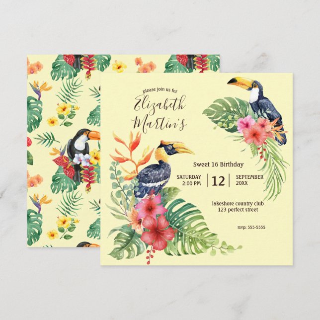 Tropischer Wasserfarben Toucan & Hibiskus Geburtst Einladung (Vorne/Hinten)