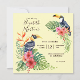 Tropischer Wasserfarben Toucan & Hibiskus Geburtst Einladung