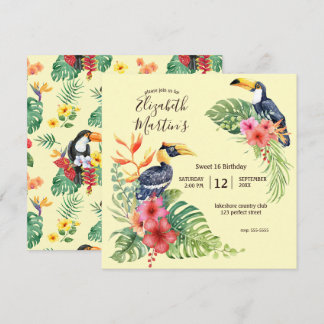 Tropischer Wasserfarben Toucan & Hibiskus Geburtst Einladung