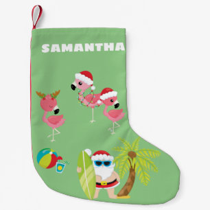 Tropischer Weihnachtsmann am Strand mit Flamingos Kleiner Weihnachtsstrumpf
