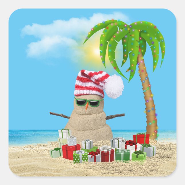 Tropischer Weihnachtssandman mit Palmen Quadratischer Aufkleber (Vorderseite)