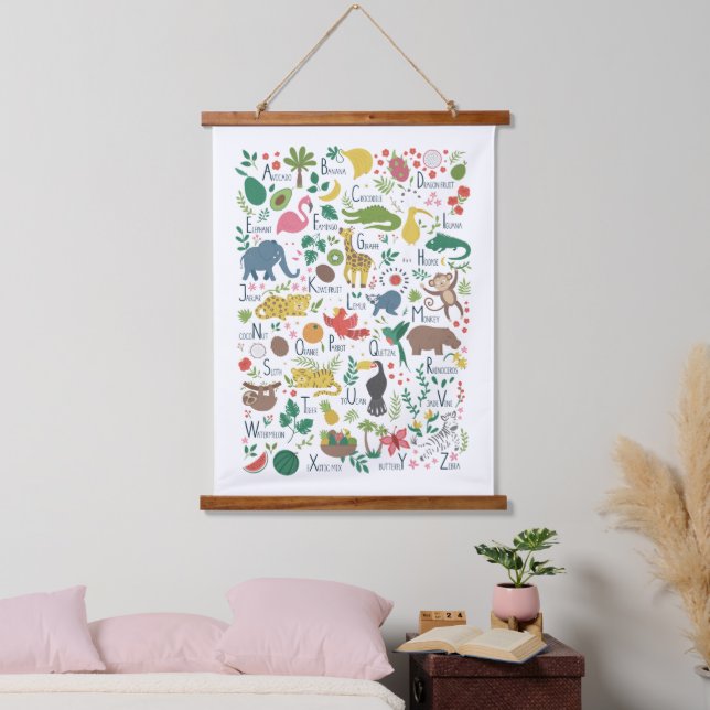 Tropisches Alphabet für Kinder Wandteppich Mit Holzrahmen (Schlafzimmer)
