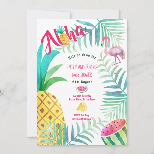 Tropisches Ananas Baby-Dusche lädt Flamingo ein Einladung (Vorderseite)
