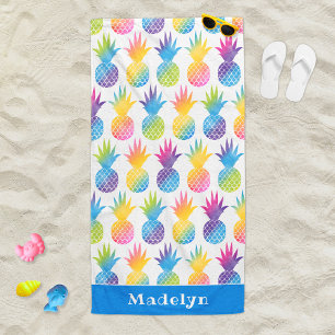 Tropisches Ananas Blaues Monogramm Name Strandtuch