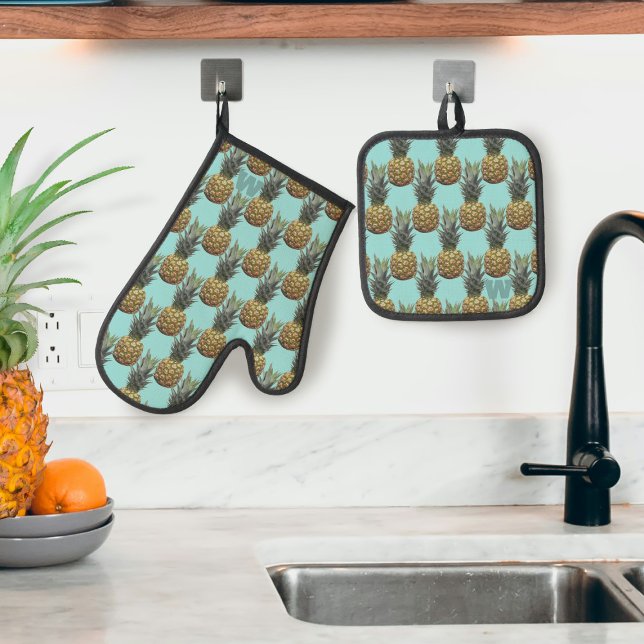 Tropisches Ananas-Fruchtmonogramm Ofenhandschuh & Topflappen-Set (Perfect Pineapple Oven Mitt and Pot Holder Set for your kitchen, Just add your initial)