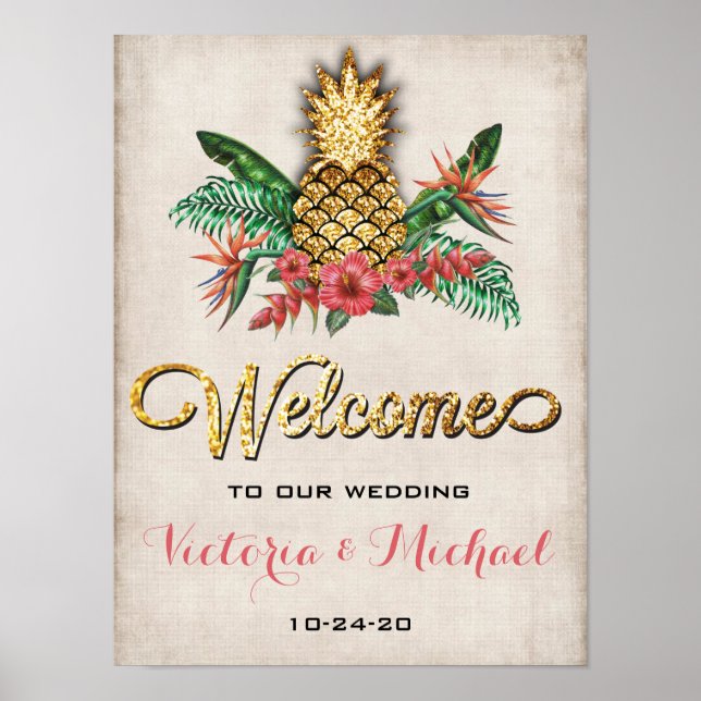 Tropisches Ananas-Gold-Glitzer-Hochzeitszeichen Poster (Vorne)