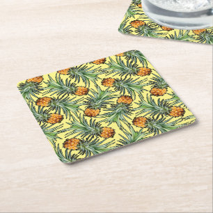 Tropisches Ananas-Muster auf Gelb Rechteckiger Pappuntersetzer