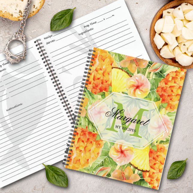 Tropisches Ananas-Rezept Notizbuch (Tropical Floral Pineapple Monogrammed Recipe Spiral Bound Book)