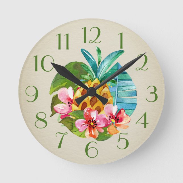 Tropisches Ananas Stilllife Aquarell Runde Wanduhr (Vorderseite)