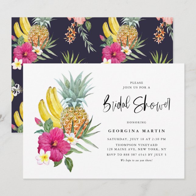Tropisches Ananas- und Hibiskus-Brautparty Einladung (Vorne/Hinten)