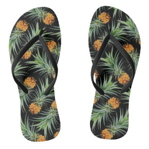 Tropisches Ananasmuster auf Schwarz Flip Flops