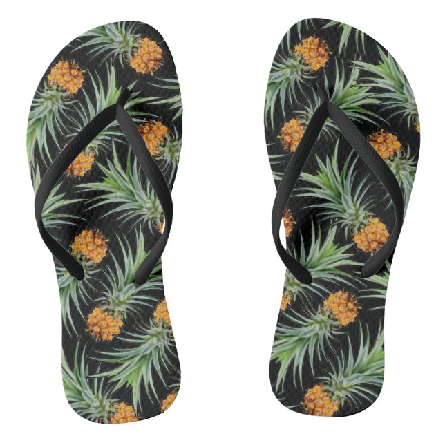 Tropisches Ananasmuster auf Schwarz Flip Flops (Fußbett)