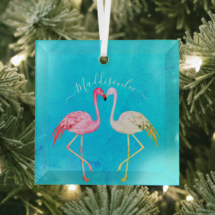 Tropisches aquamarines Aquarell Monogram Pink Flam Ornament Aus Glas
