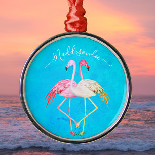 Tropisches aquamarines Aquarell Monogram Pink Flam Ornament Aus Metall