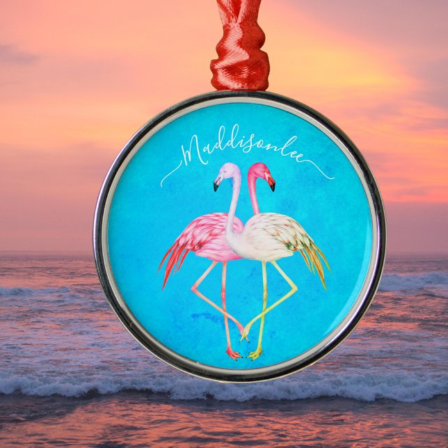 Tropisches aquamarines Aquarell Monogram Pink Flam Ornament Aus Metall (Von Creator hochgeladen)