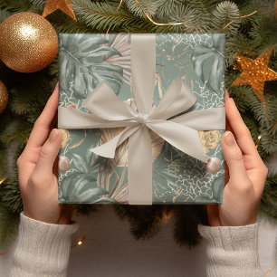 Tropisches Aquarell Gold- und Grünblätter-Muster  Geschenkpapier
